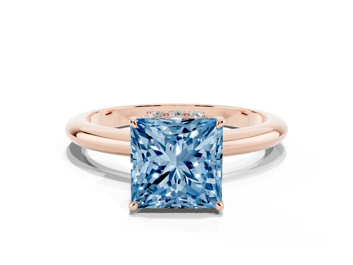 Fancy Blue Princess Cut Brilliant Solitaire Engagement Ring with Six-Prong Setting and Classic Band Rose gold