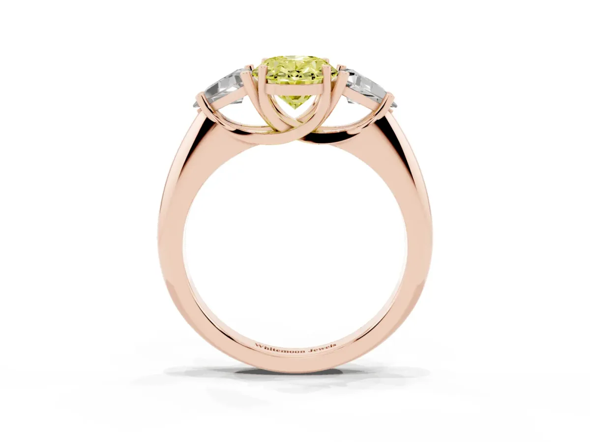 Fancy Yellow Three-Stone Oval Cut Diamond Engagement Ring with Trillion Side Stones and Prong Setting Rose gold