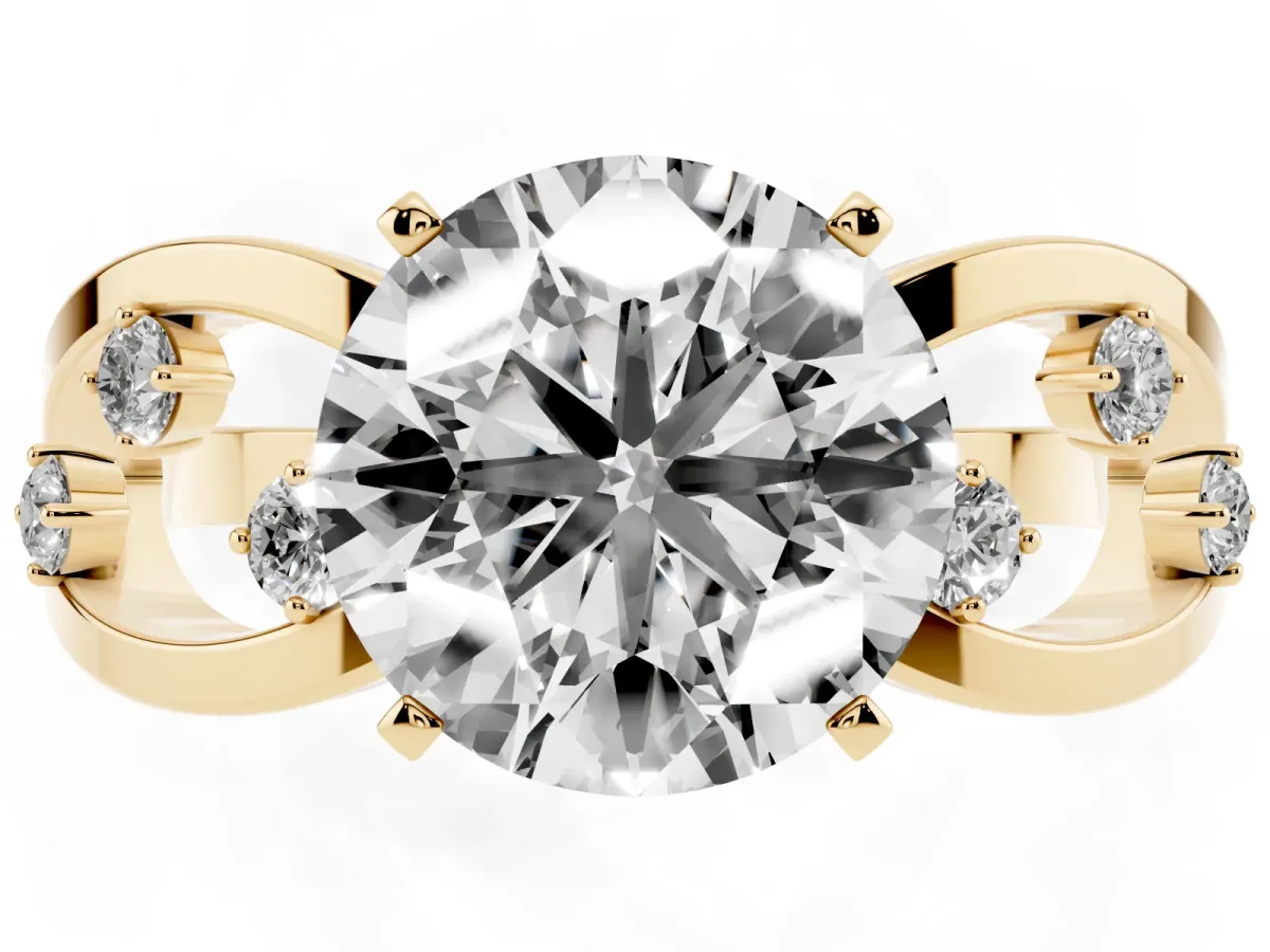 Round Cut Cut Solitaire Diamond with Side Stones on Criss-Cross Band and Four-Prong Setting Yellow gold