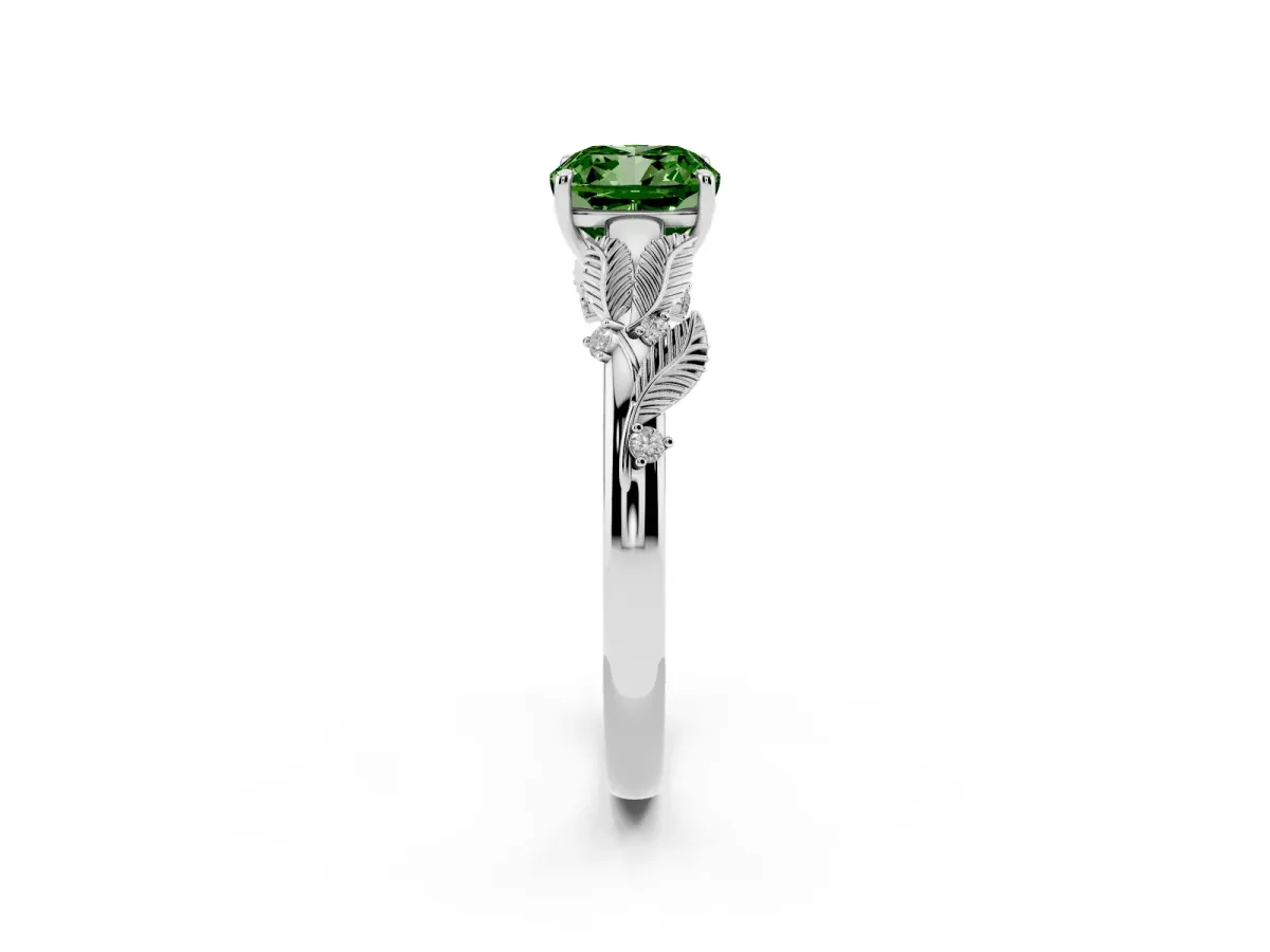 Fancy Green Cushion Cut Diamond Solitaire Ring with Leaf Motif Band and Four-Prong Setting Silver
