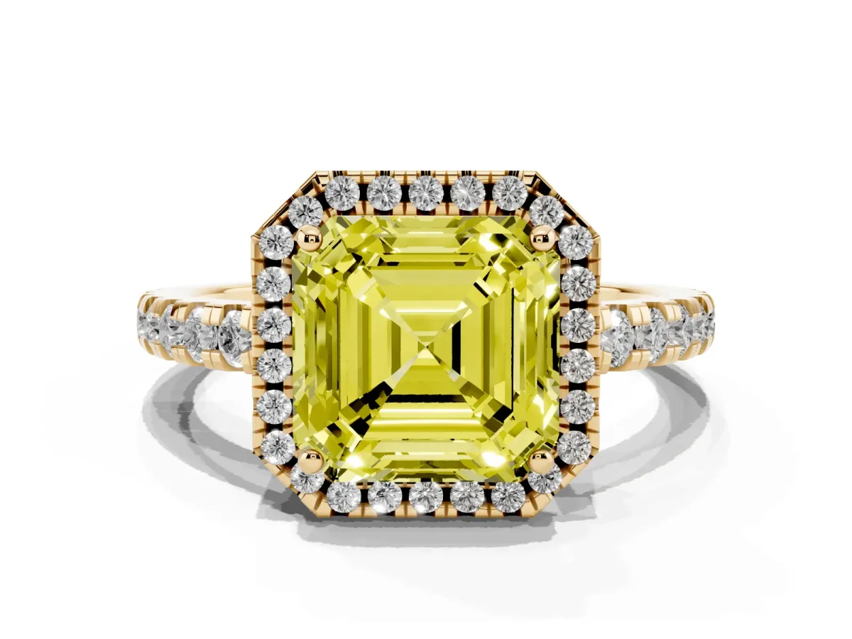 Fancy Yellow Asscher Cut Diamond Halo Ring with Pavé Band and Four-Prong Setting Yellow gold