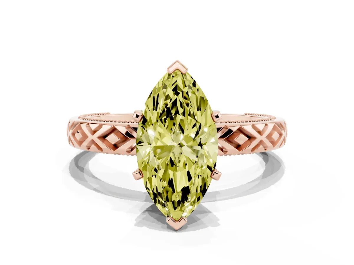 Fancy Yellow Marquise Cut Solitaire Diamond Ring with Milgrain and Black Enamel X Pattern Band Rose gold