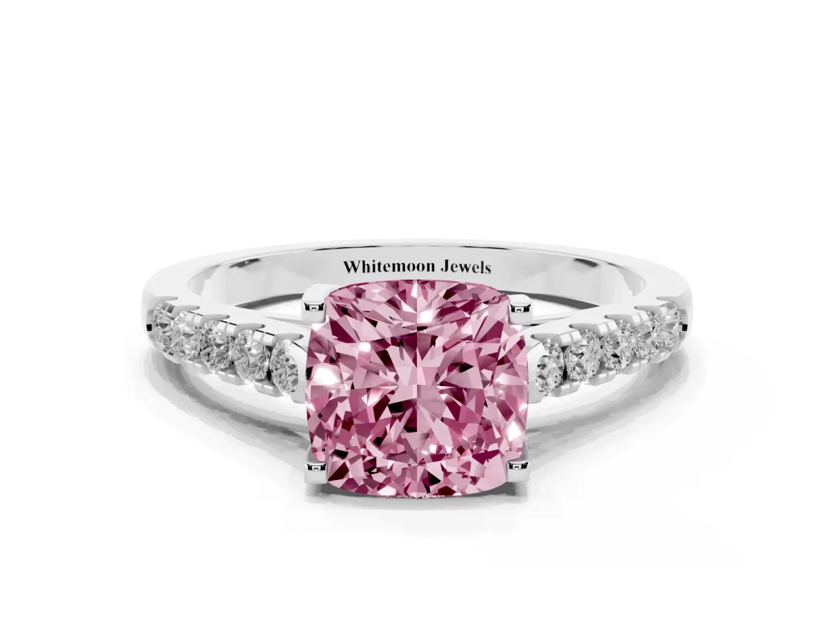 Fancy Pink Cushion Cut Diamond Pavé Band Solitaire Ring with Prong Setting Silver