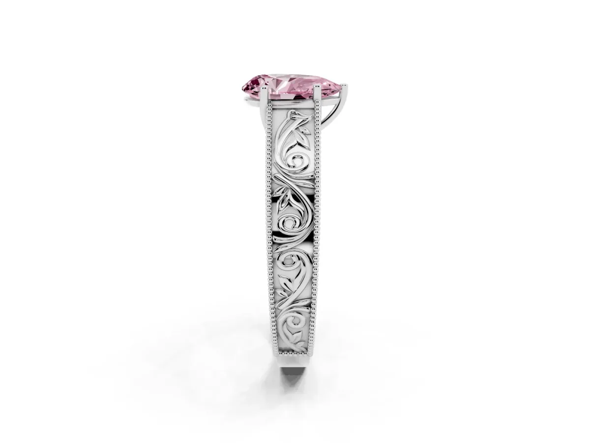 Fancy Pink Pear Cut Diamond Solitaire Ring with Engraved Band and Four-Prong Setting Silver