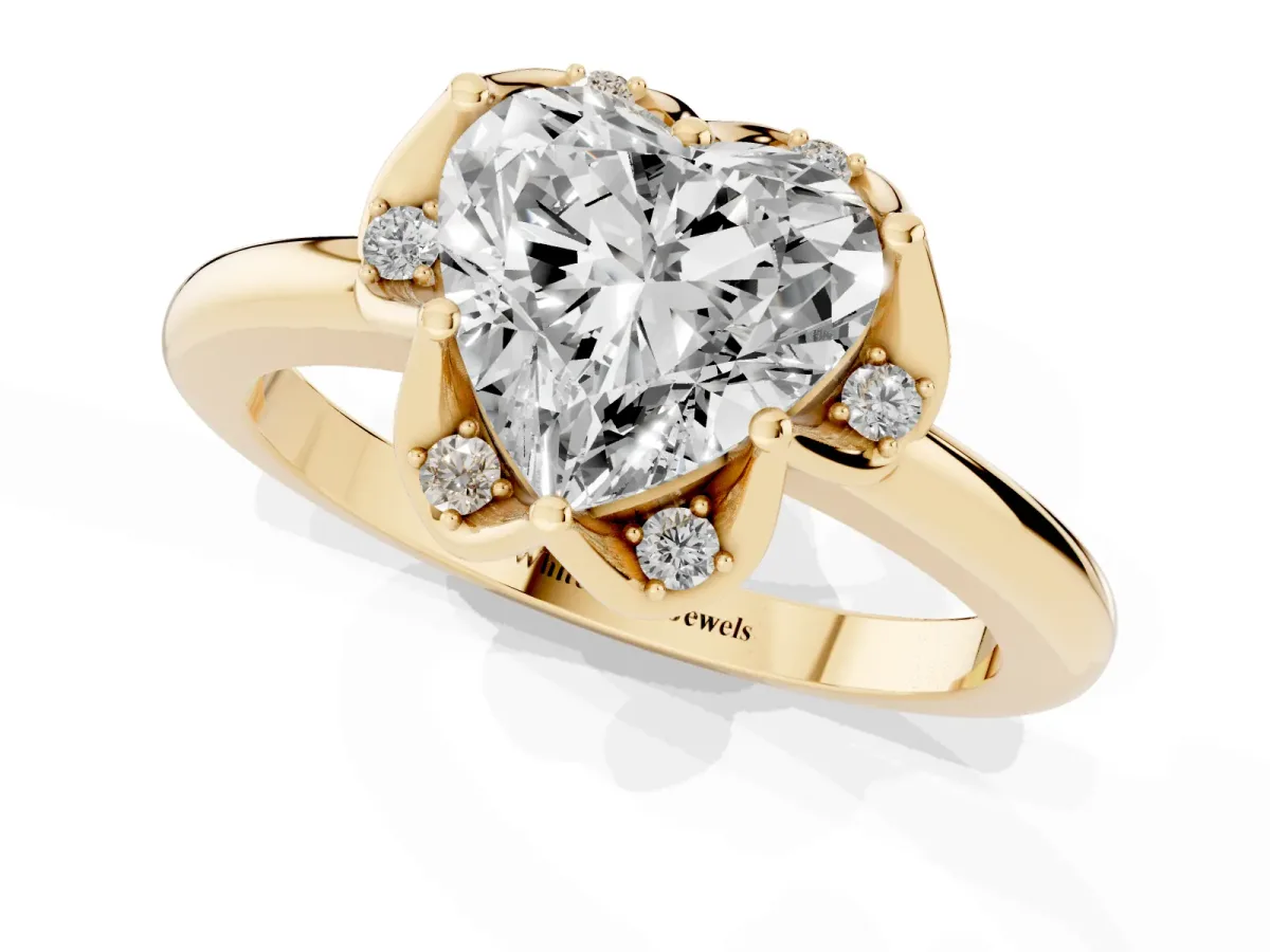 Heart Cut Halo Diamond Ring with Round Cluster Setting, Solitaire Band, and Four-Prong Setting Yellow gold