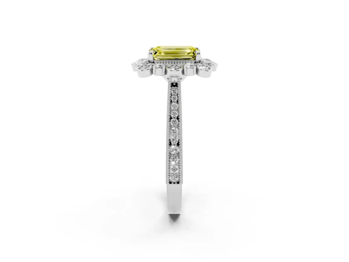 Fancy Yellow Emerald Cut Halo Milgrain Pave Diamond Ring with Four-Prong Setting Silver