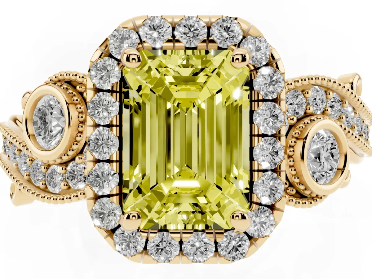 Fancy Yellow Emerald Cut Diamond Halo Ring with Milgrain Pavé Band and Four-Prong Setting Yellow gold
