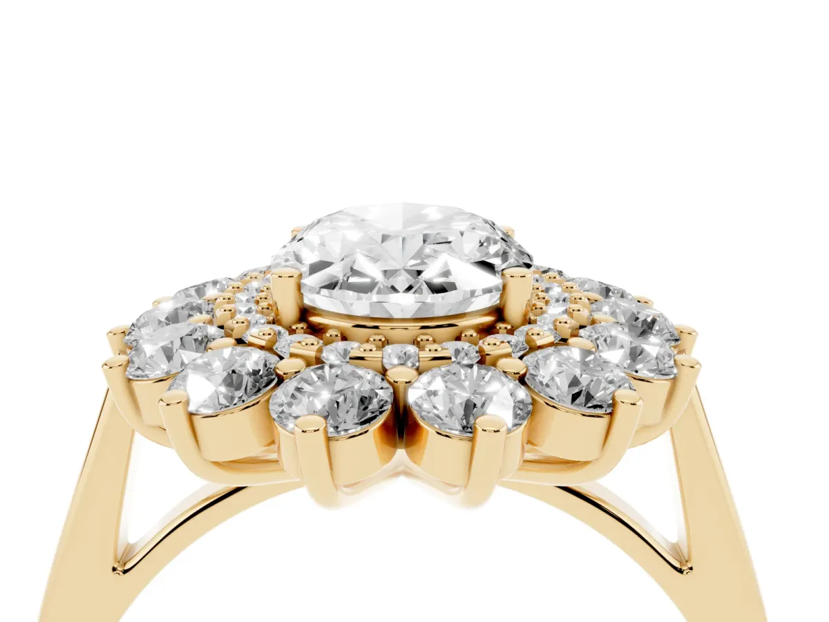 Oval Cut Diamond Floral Double Halo Engagement Ring with Prong Setting Yellow gold