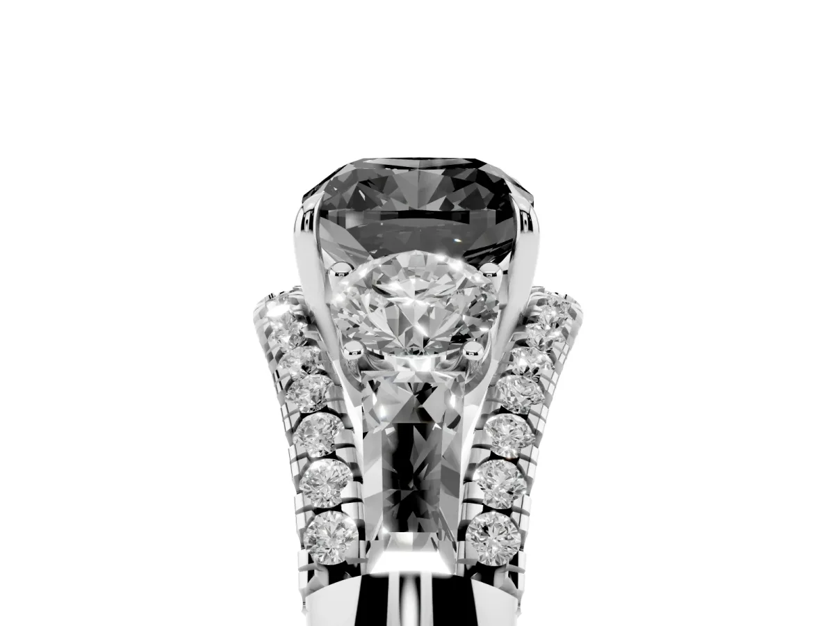 Fancy Black Three-Stone Cushion Cut Diamond Engagement Ring with Pave Band and Prong Setting Silver