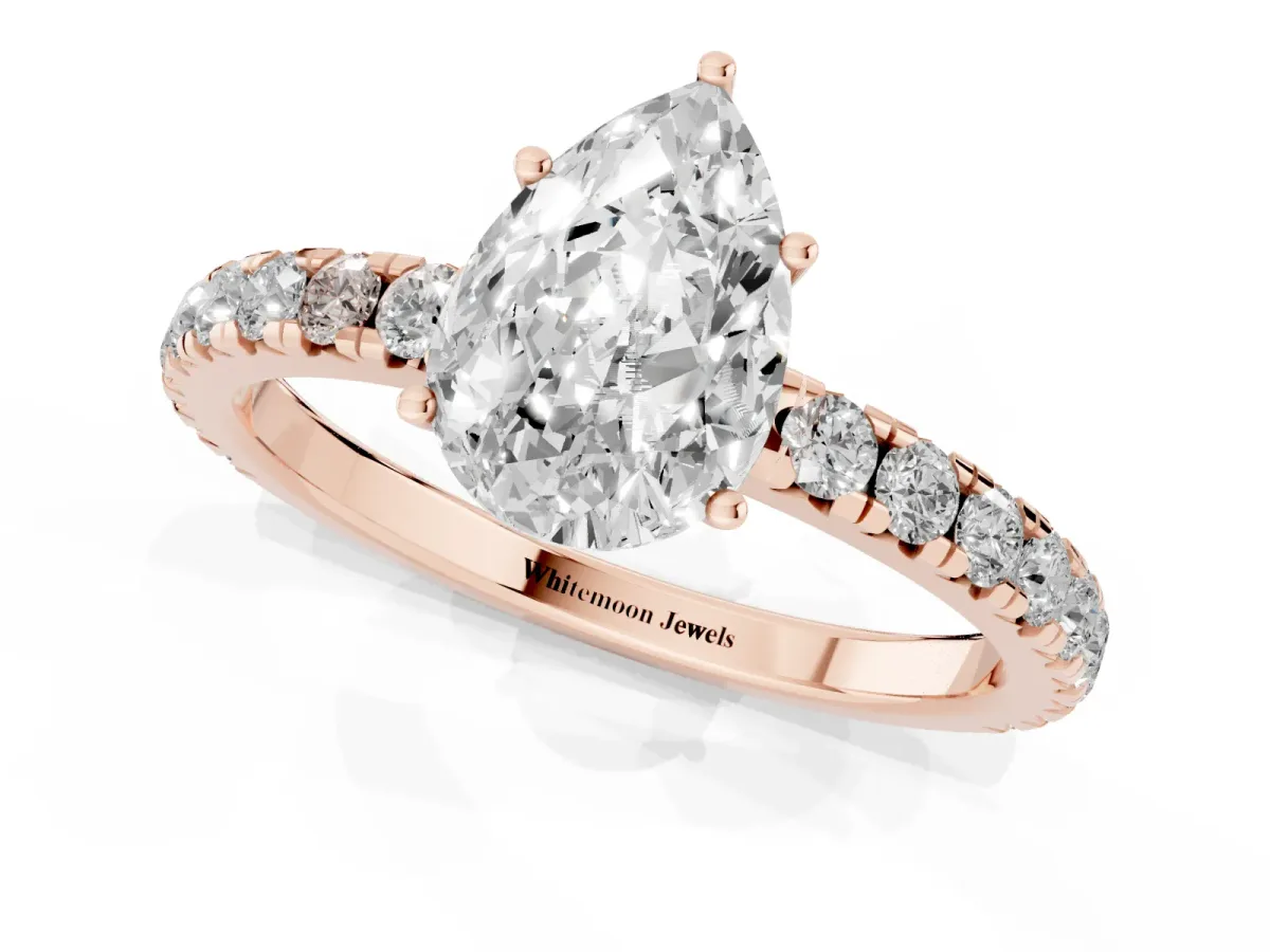 Pear Cut Diamond Pavé Solitaire Engagement Ring with Four-Prong Setting Rose gold