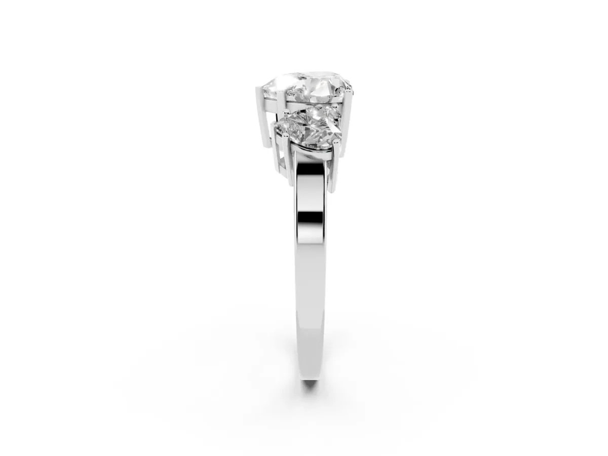 Three-Stone Heart Cut Cut Diamond Engagement Ring with Flat Band and Four-Prong Setting Silver