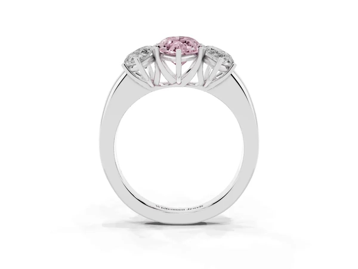 Fancy Pink Marquise Cut Diamond Three-Stone Ring with Four-Prong Setting and Classic Band Silver