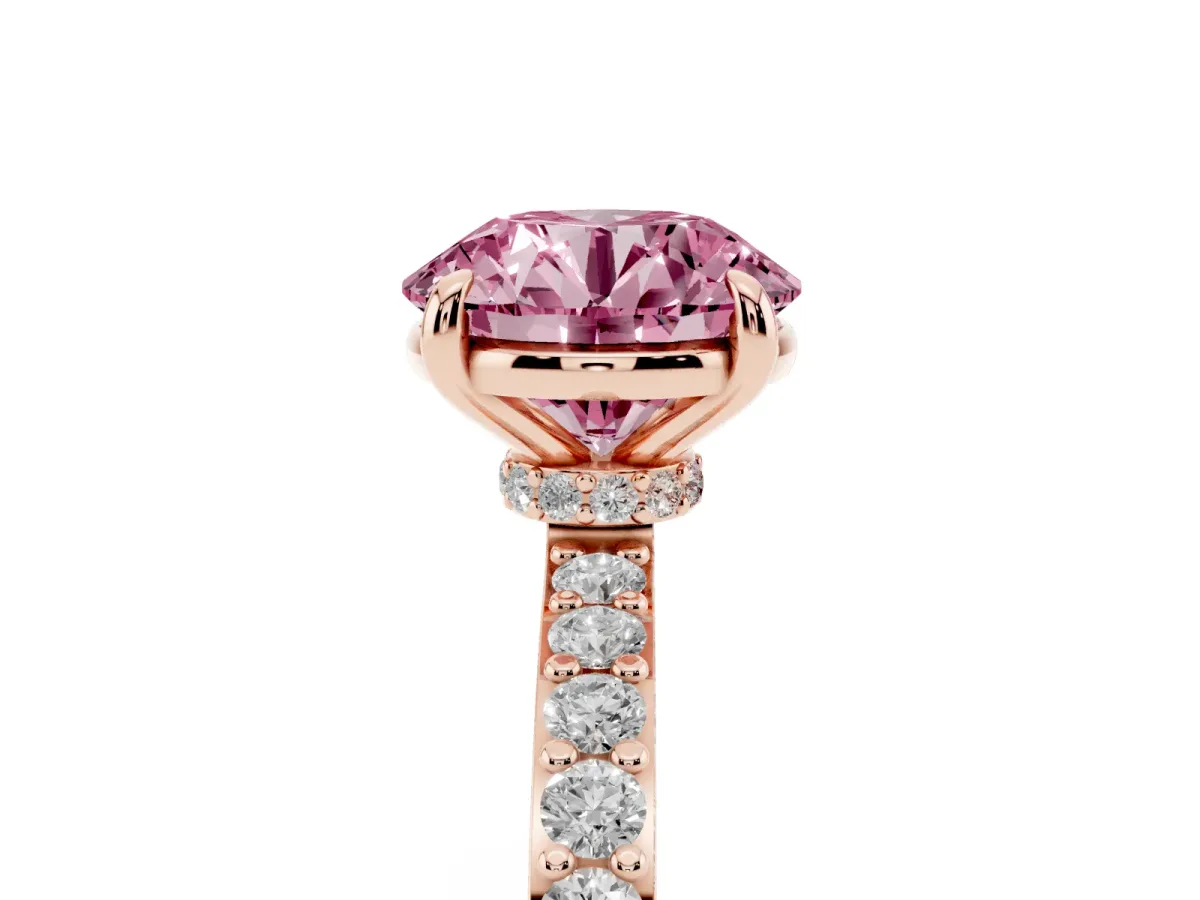 Fancy Pink Round Cut Diamond Pavé Engagement Ring with Round Accents and Prong Setting Rose gold