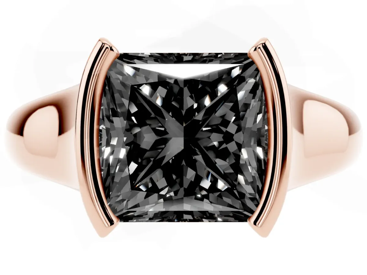 Fancy Black Princess Cut Solitaire Tension Set Diamond Ring with Split Shank Band Rose gold