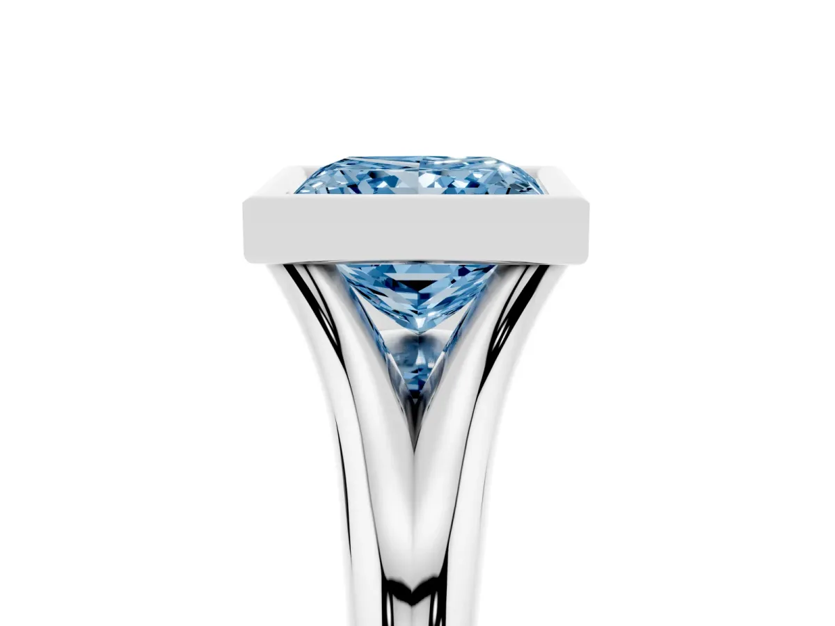 Fancy Blue Bezel Set Princess Cut Solitaire Diamond Ring with Smooth Band Silver