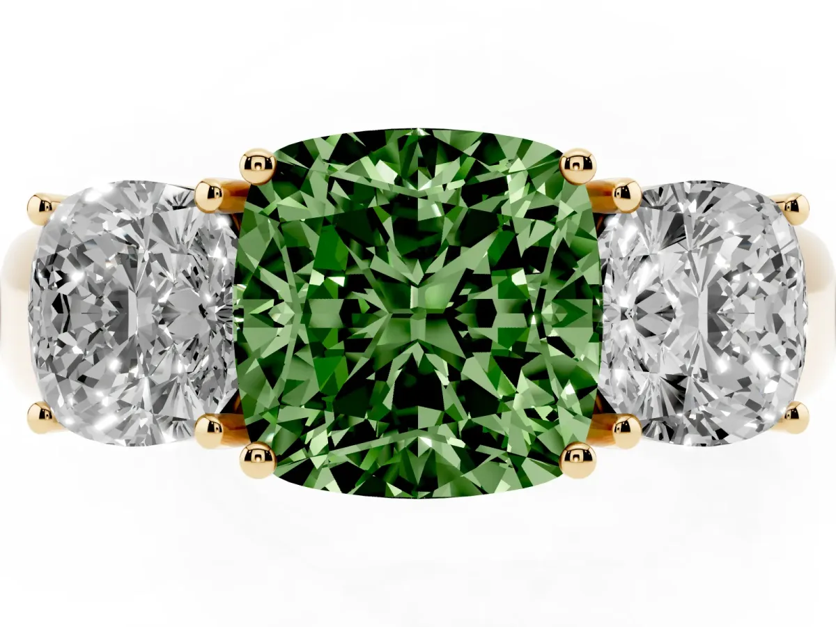 Fancy Green Three-Stone Cushion Cut Cut Diamond Ring with Prong Setting and Classic Band Yellow gold