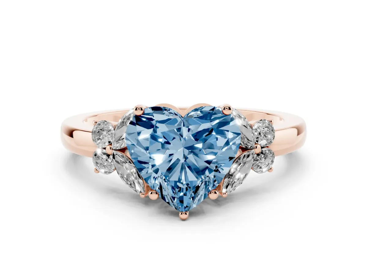 Fancy Blue Heart Cut Cut Solitaire Floral Diamond Ring with Four-Prong Setting Rose gold
