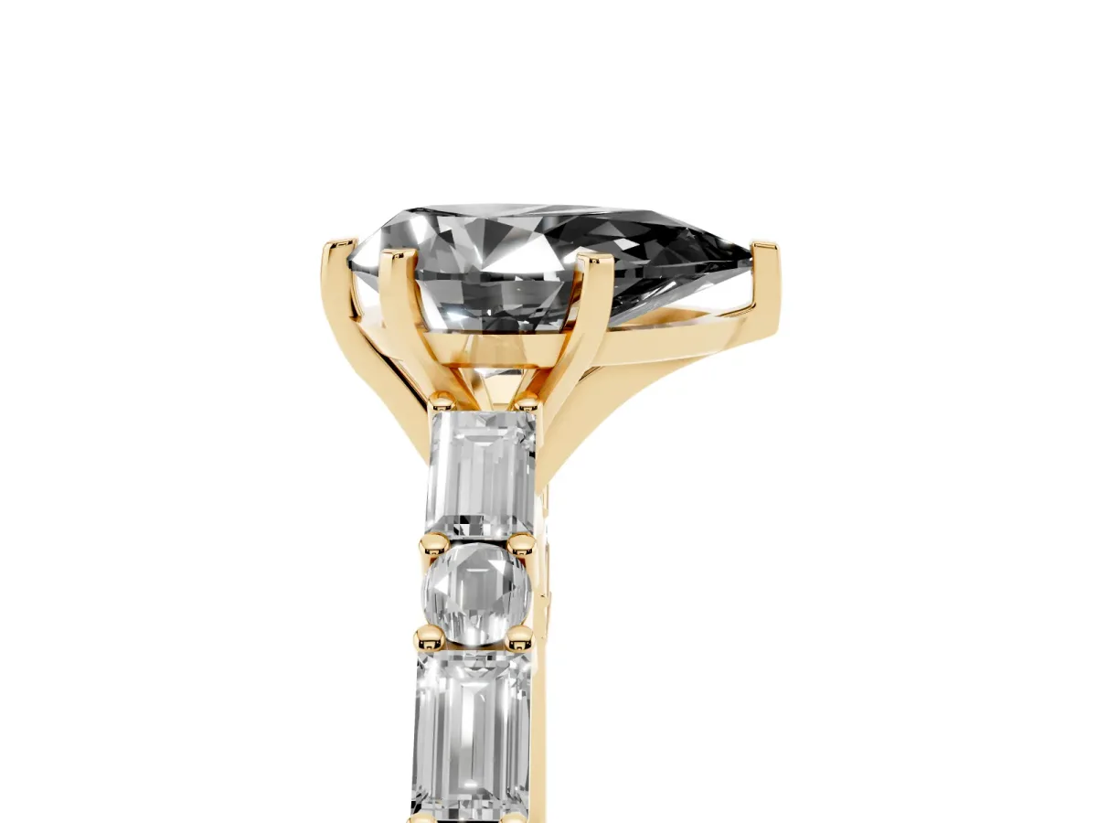 Fancy Black Pear Cut Diamond Solitaire with Side Baguettes and Channel Set Band Yellow gold