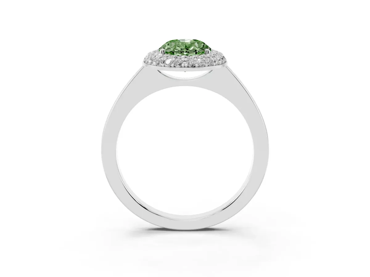 Fancy Green Oval Cut Halo Diamond Engagement Ring with Solitaire Band and Four-Prong Setting Platinum
