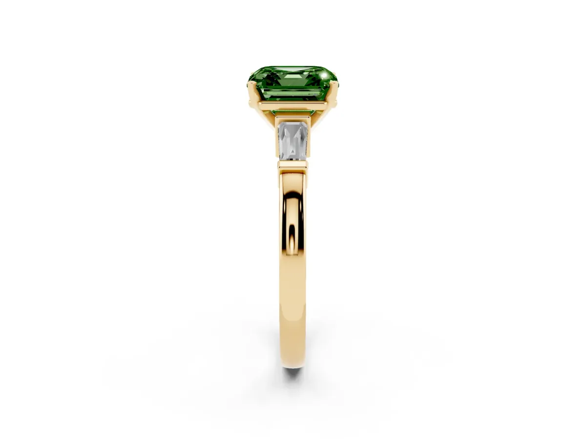 Fancy Green Asscher Cut Cut Diamond Solitaire Ring with Tapered Baguette Accents and Four-Prong Setting Yellow gold