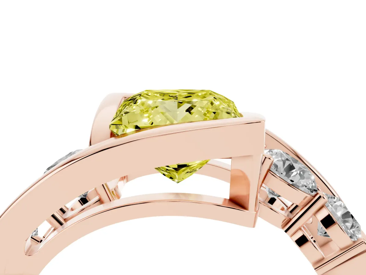 Fancy Yellow Bezel Set Princess Cut Diamond Bypass Ring with Round Accents Rose gold