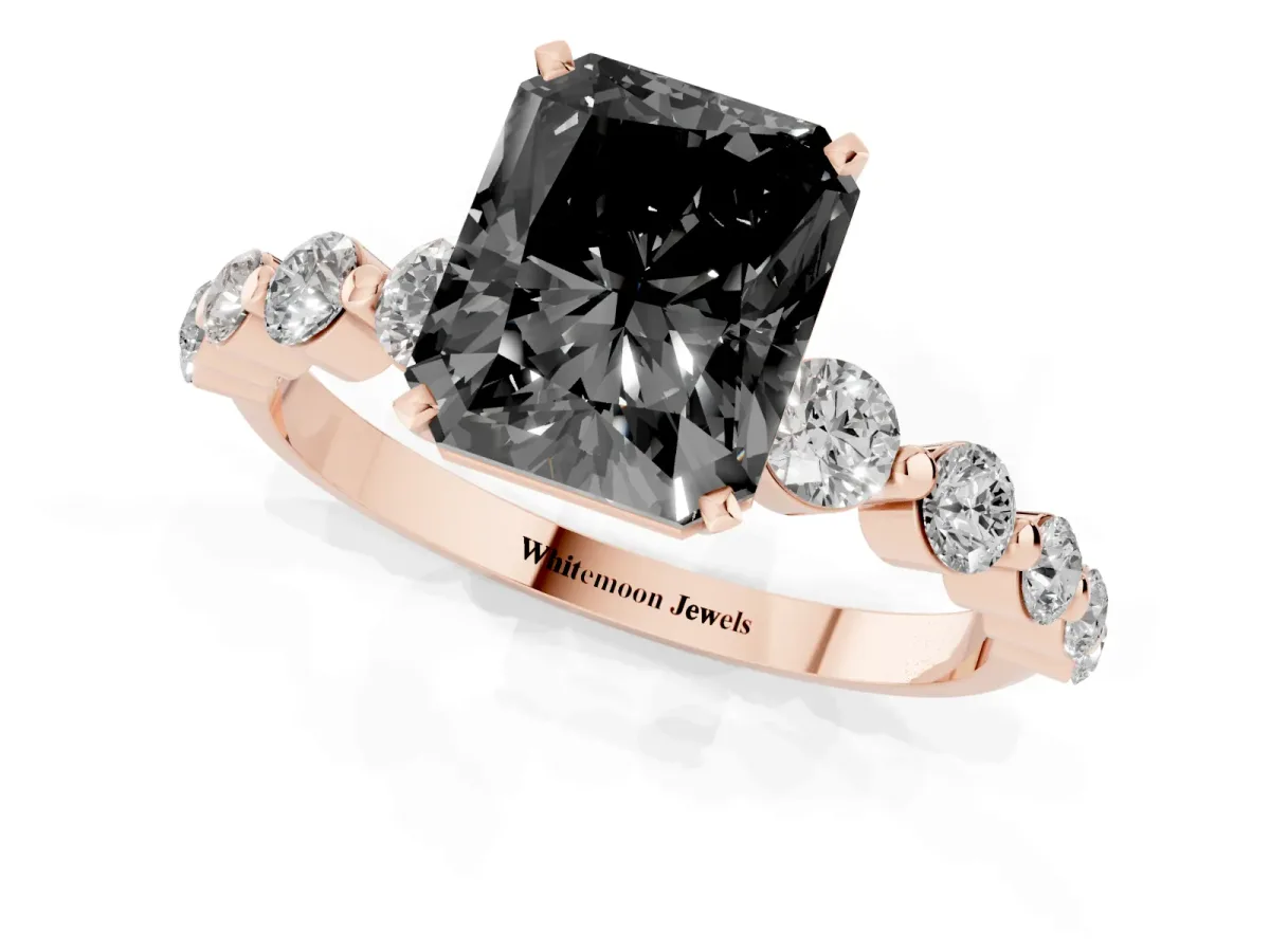 Fancy Black Radiant Cut Solitaire Diamond Ring with Pave Band and Four-Prong Setting Rose gold