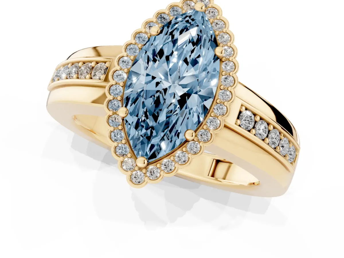 Fancy Blue Marquise Cut Cut Halo Pave Band Four-Prong Ring Yellow gold