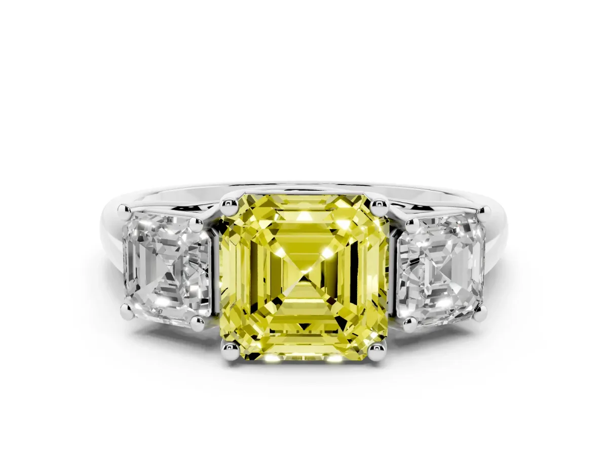 Fancy Yellow Three-Stone Asscher Cut Diamond Engagement Ring with Prong Setting Silver