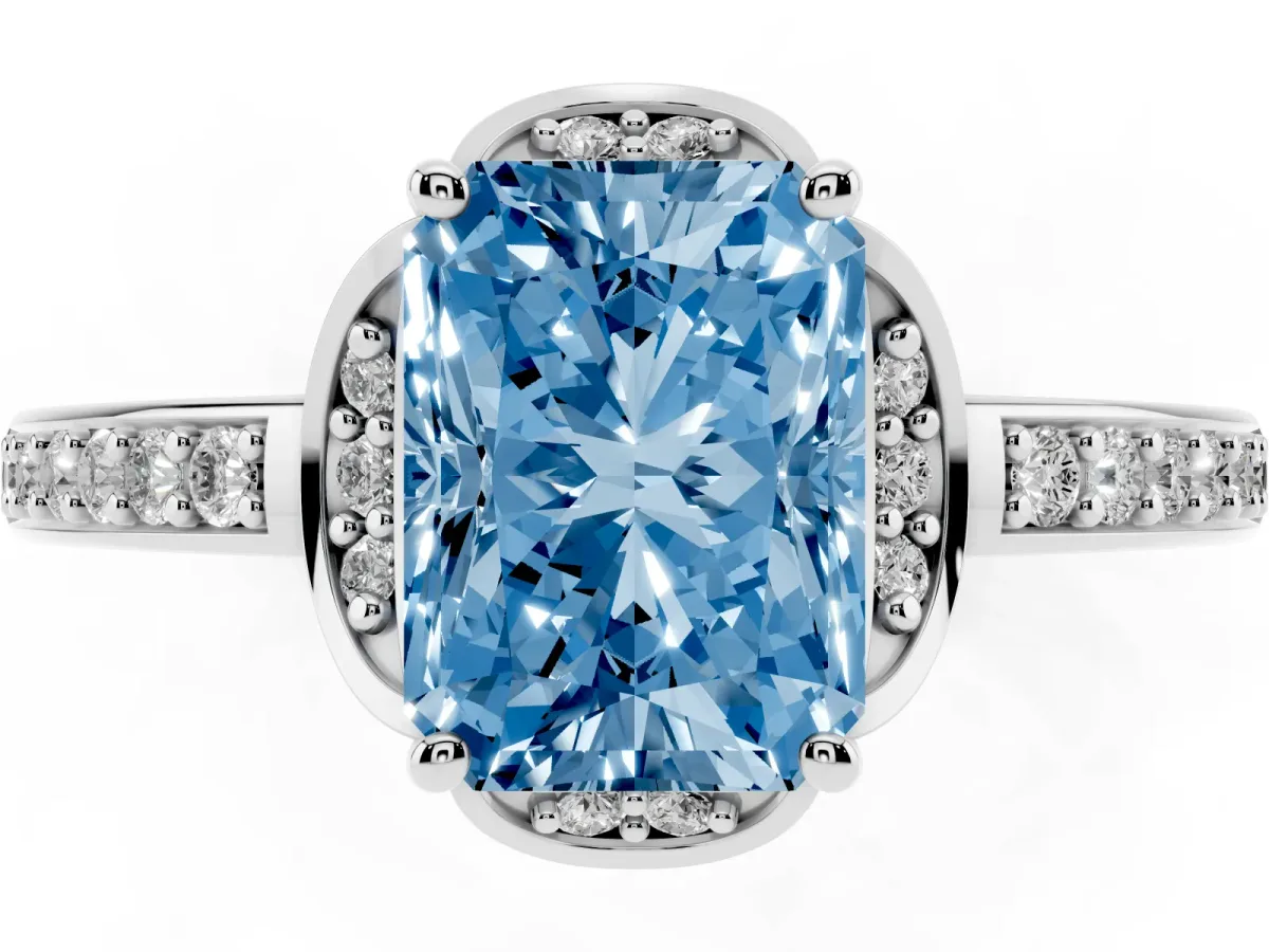 Fancy Blue Radiant Cut Cut Halo Diamond Ring with Channel Set Band and Four-Prong Setting White gold
