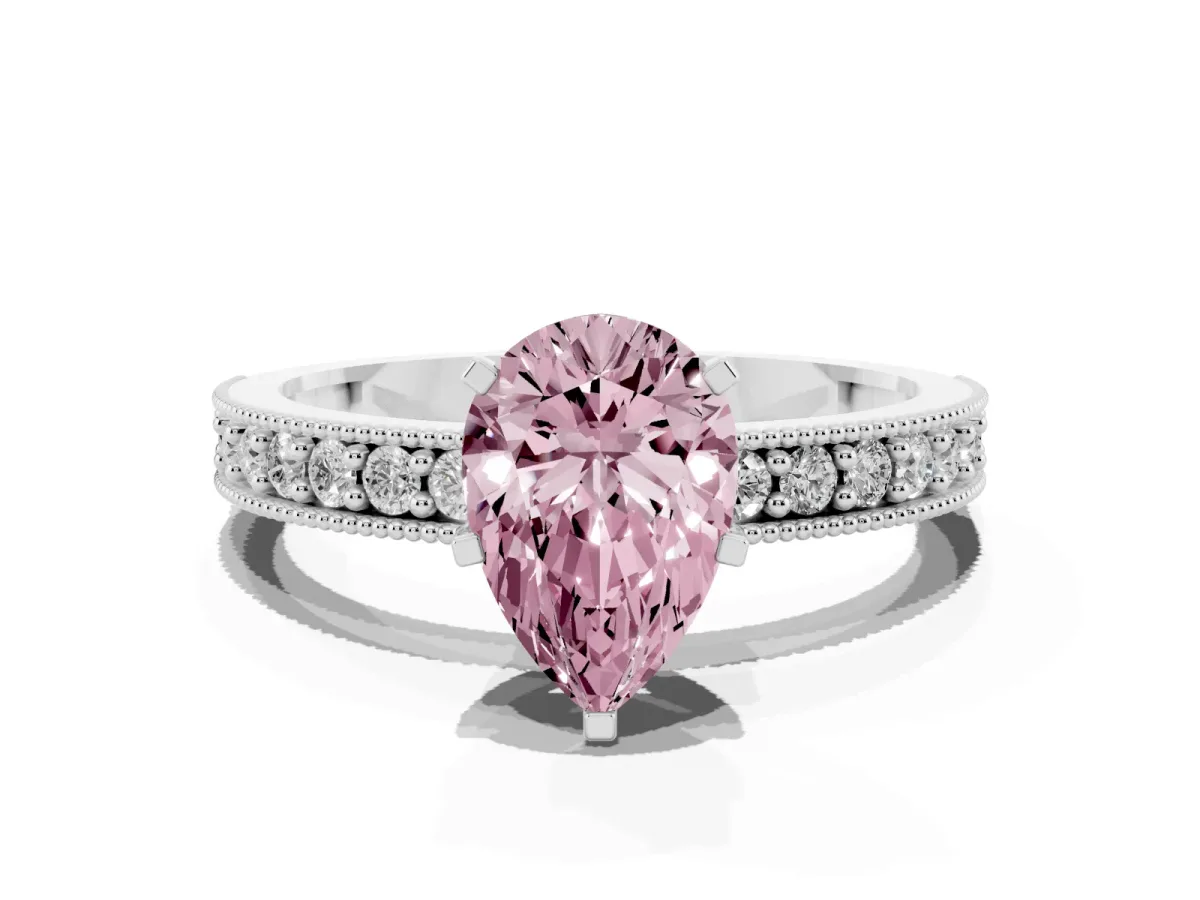 Fancy Pink Pear Cut Diamond Milgrain Pavé Engagement Ring with Four-Prong Setting Silver