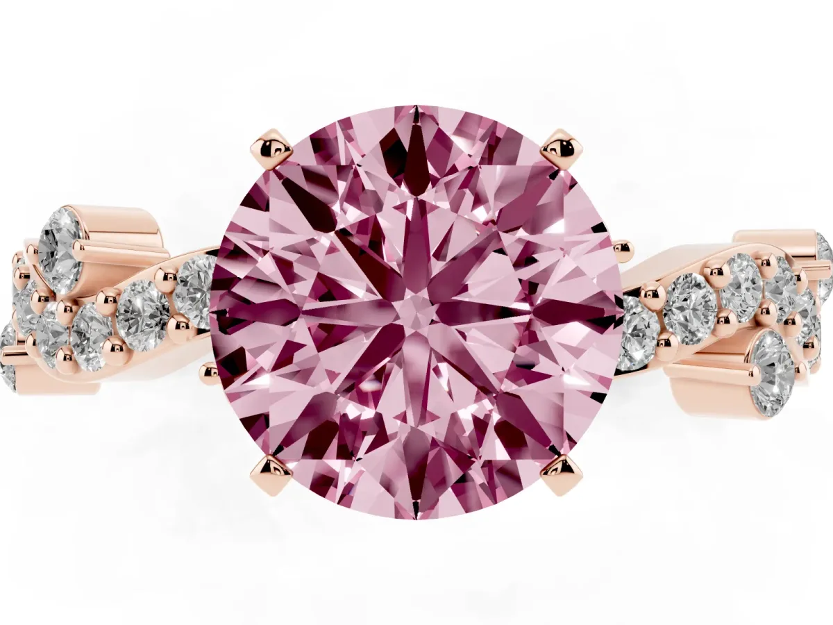 Fancy Pink Round Cut Cut Solitaire Diamond Twisted Band with Pave Setting Rose gold