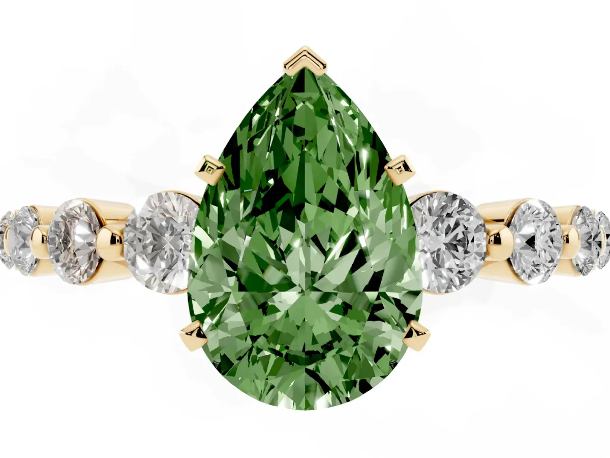 Fancy Green Pear Cut Solitaire Diamond Ring with Pave Band and Four-Prong Setting Yellow gold