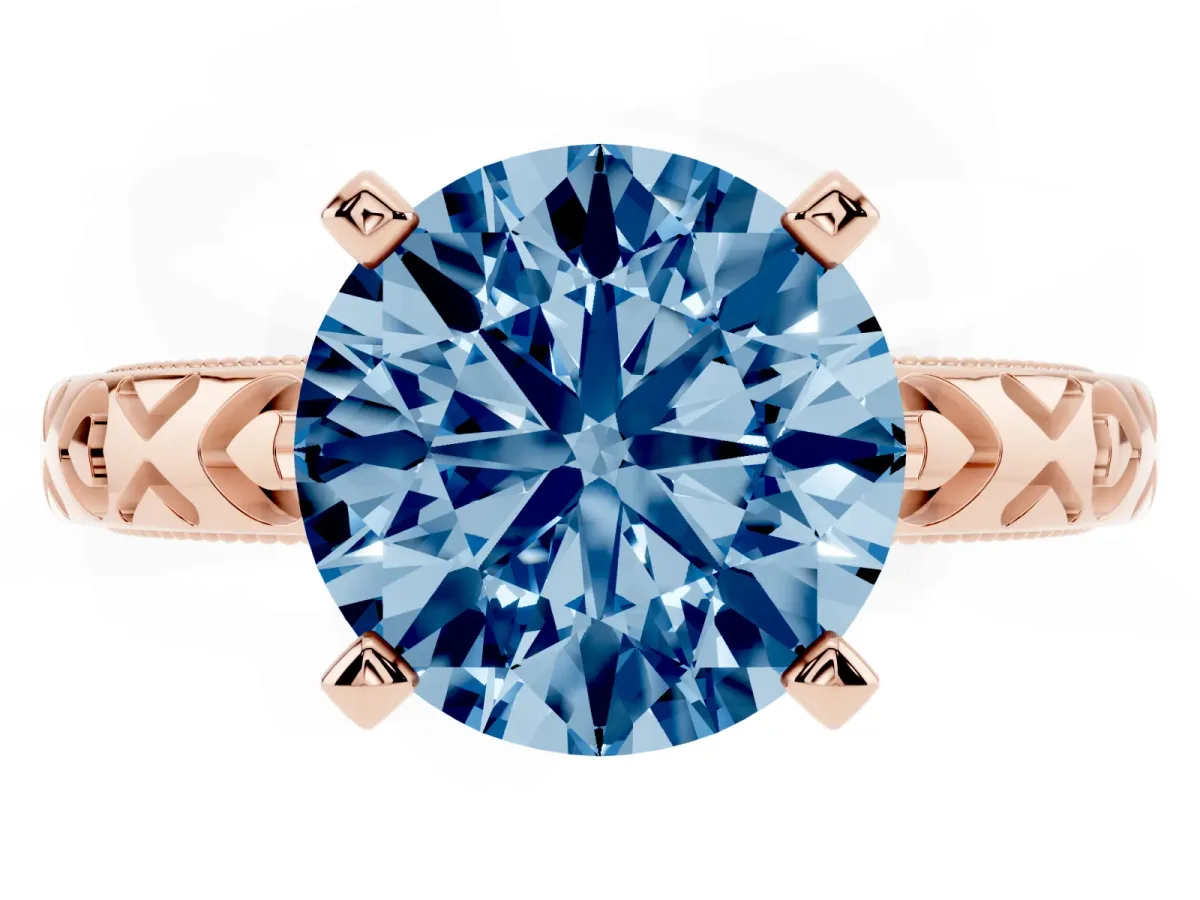 Fancy Blue Round Cut Solitaire Diamond Engagement Ring with XO Engraved Band and Four-Prong Setting Rose gold