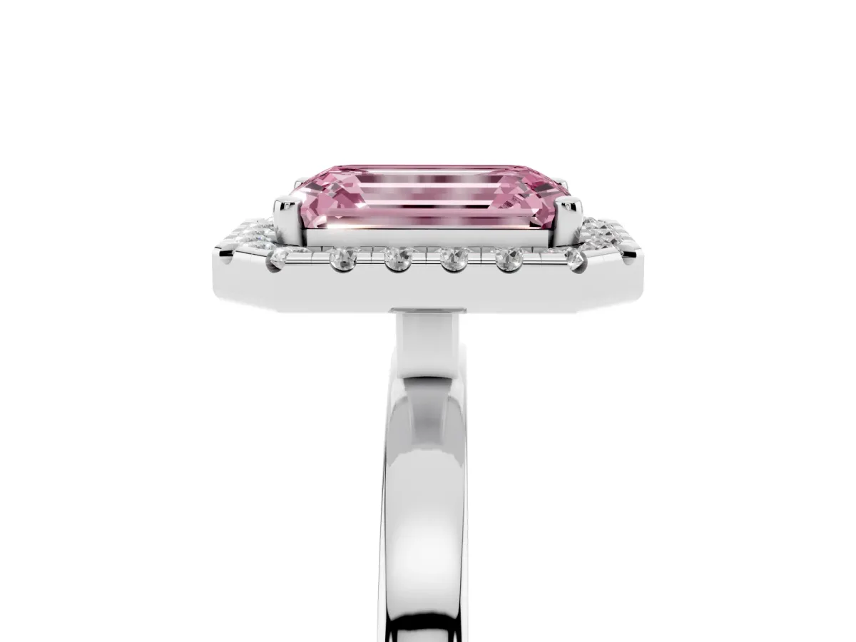 Fancy Pink Emerald Cut Halo Diamond Solitaire with Pavé Band and Four-Prong Setting Silver