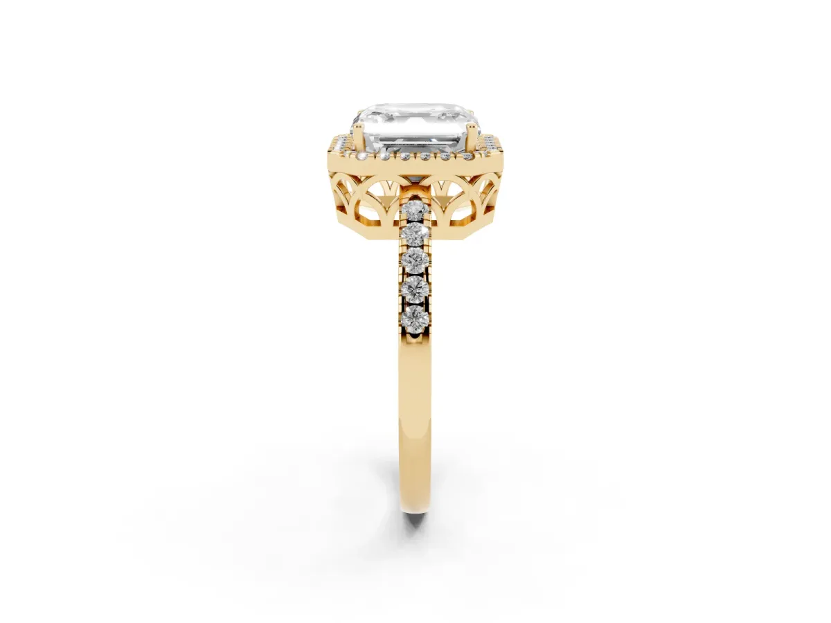 Asscher Cut Halo Diamond Engagement Ring with Pavé Band and Four-Prong Setting Yellow gold