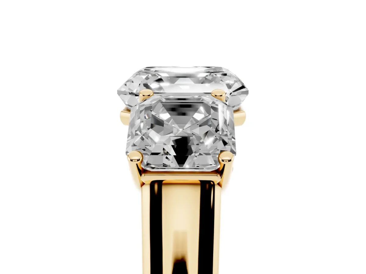 Asscher Cut Three-Stone Diamond Ring with Prong Setting on a Classic Band Yellow gold
