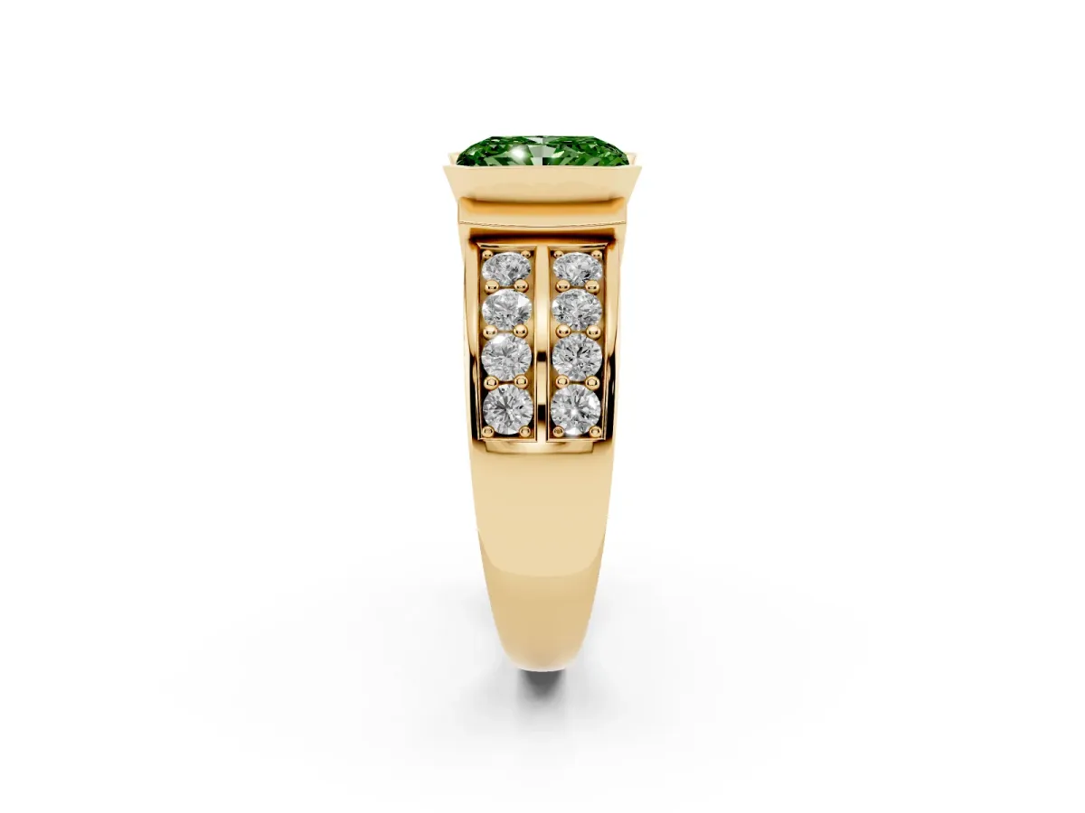 Fancy Green Radiant Cut Brilliant Diamond Channel Set Wide Band Ring with Bezel Setting Yellow gold