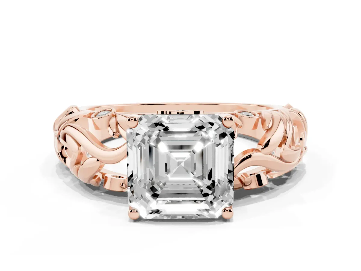 Asscher Cut Solitaire Diamond Leaf-Inspired Vine Band Ring with Prong Setting Rose gold