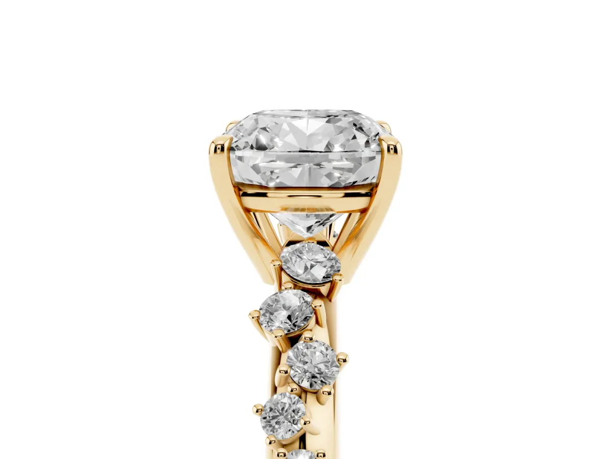 Cushion Cut Diamond Cluster Side Stone Solitaire Ring with Prong Setting Yellow gold