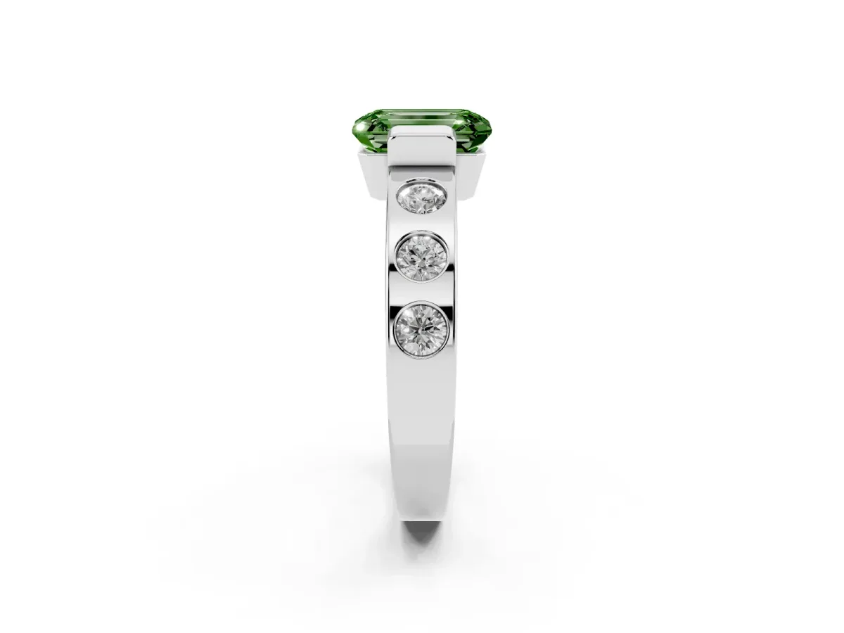 Fancy Green Emerald Cut Brilliant Channel-Set Diamond Ring with Bezel Prong Setting Platinum