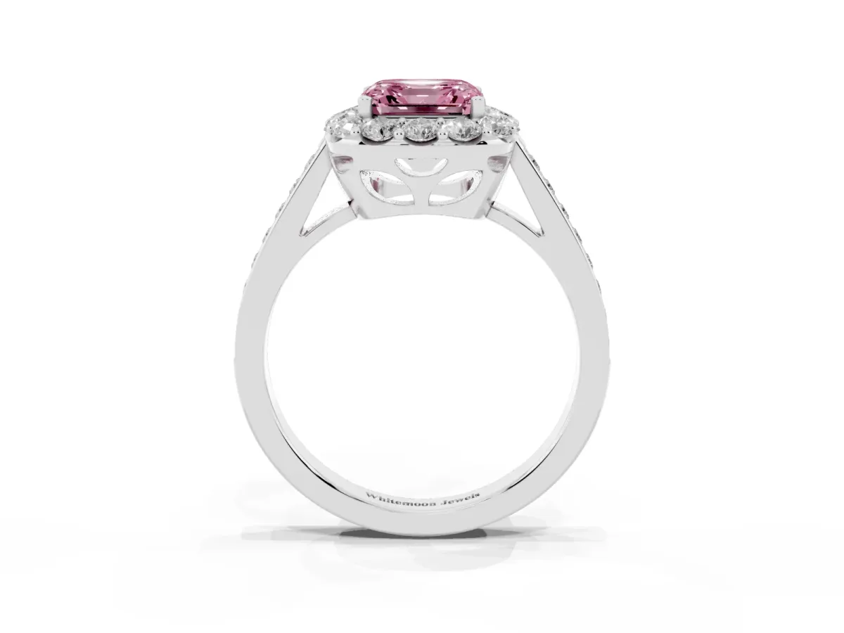 Fancy Pink Asscher Cut Diamond Floral Halo Ring with Pavé Band and Prong Setting Silver