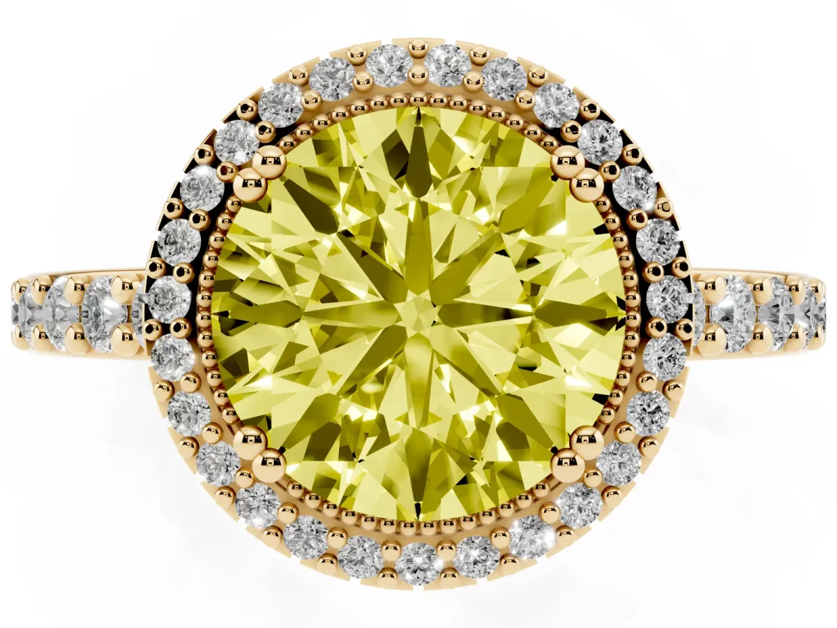 Fancy Yellow Round Cut Cut Diamond Halo Engagement Ring with Milgrain Detail and Pavé Band Yellow gold