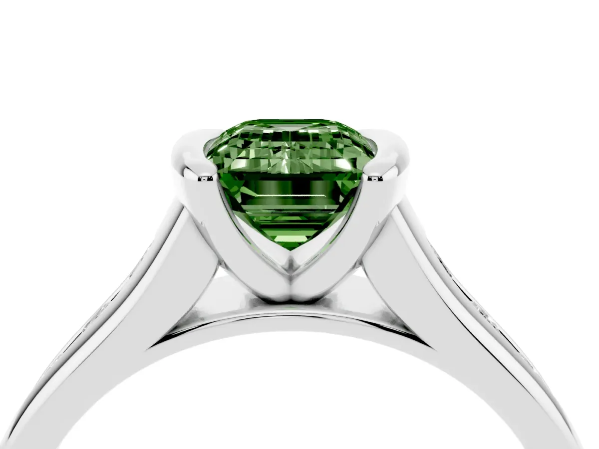 Fancy Green Emerald Cut Solitaire Bezel-Set Diamond Ring with Channel-Set Band Platinum