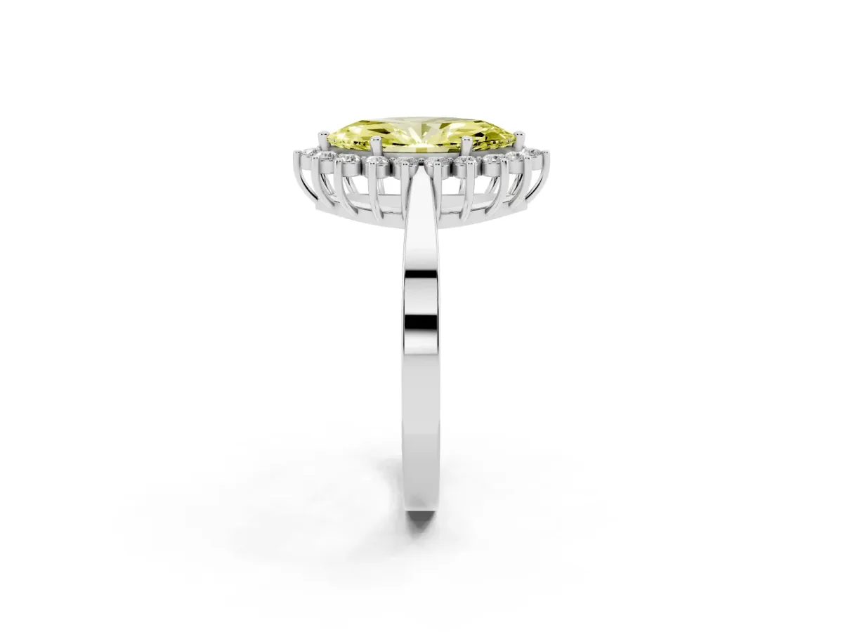 Fancy Yellow Marquise Cut Cut Diamond Halo Ring with Round Brilliant Halo and Solitaire Band Platinum