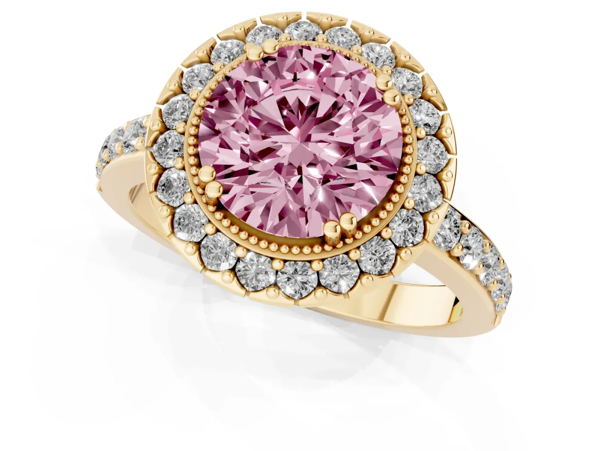 Fancy Pink Round Cut Diamond Halo Ring with Pavé Band and Prong Setting Yellow gold