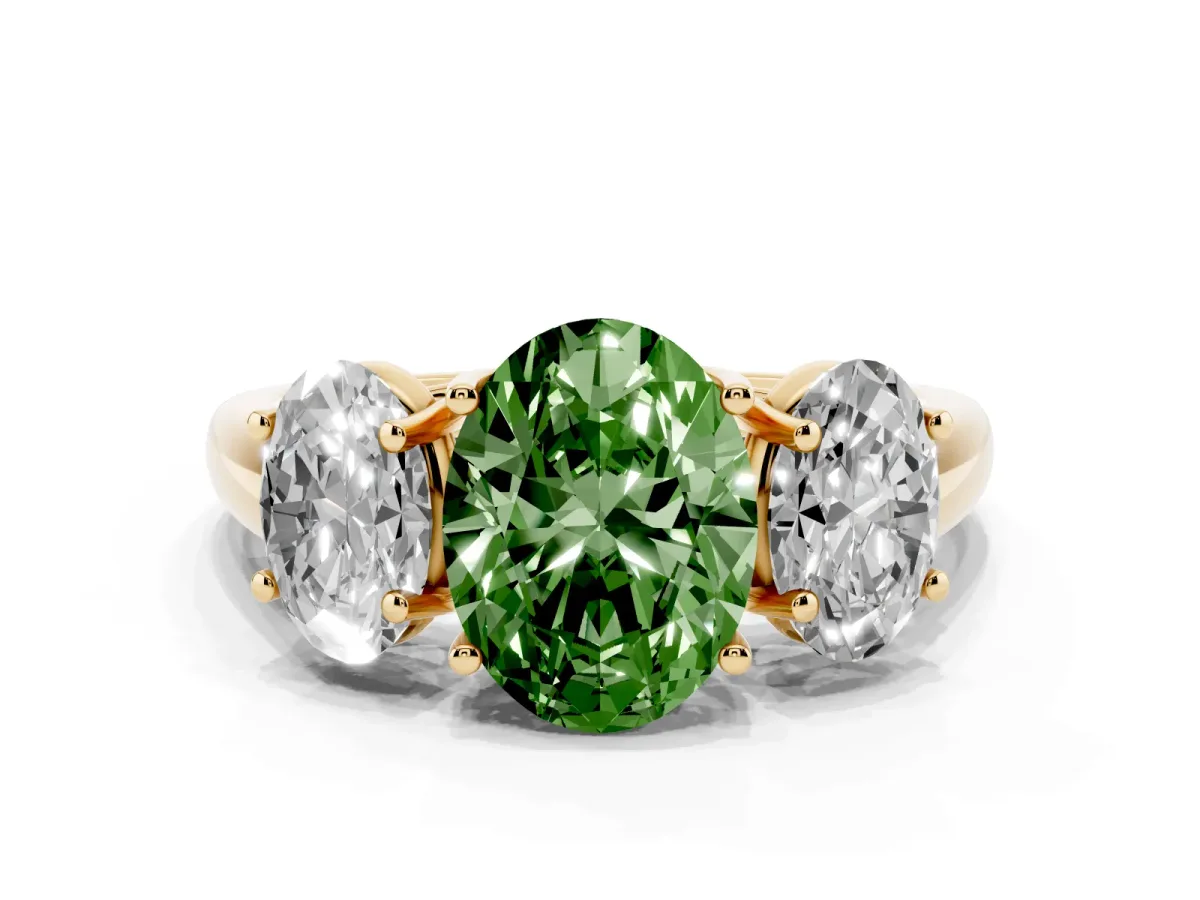 Fancy Green Three-Stone Oval Cut Diamond Engagement Ring with Prong Setting Yellow gold