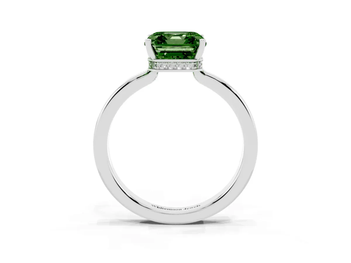 Fancy Green Asscher Cut Cut Solitaire Engagement Ring with Four-Prong Setting on a Classic Band Platinum