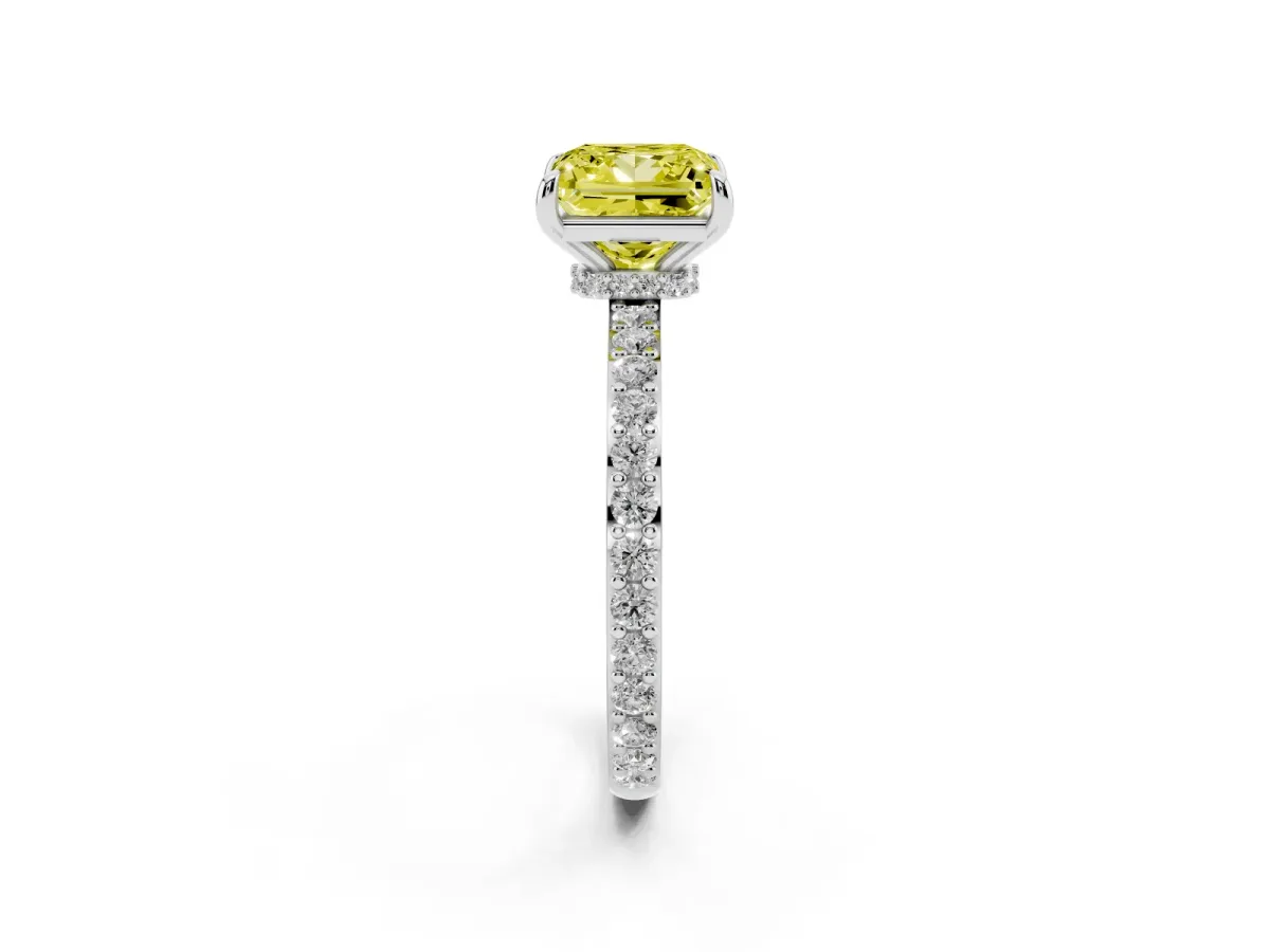 Fancy Yellow Princess Cut Diamond Pavé Engagement Ring with Round Accents and Prong Setting Silver