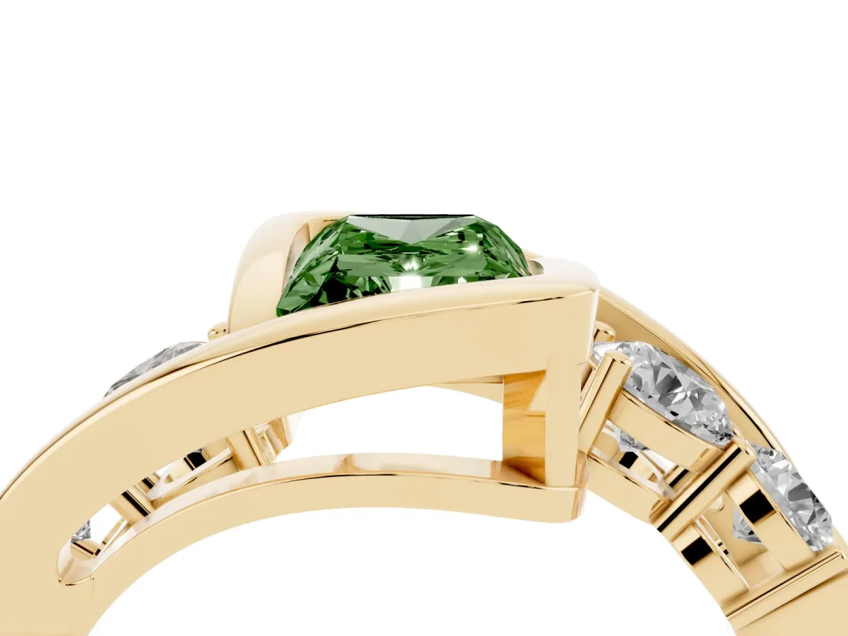 Fancy Green Bezel Set Radiant Cut Diamond Bypass Ring with Round Accents Yellow gold