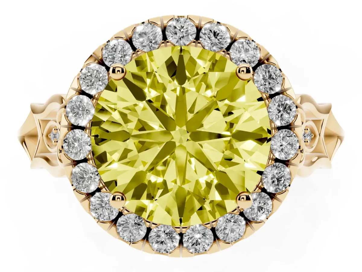 Fancy Yellow Round Cut Halo Diamond Engagement Ring with Filigree Band and Four-Prong Setting Yellow gold